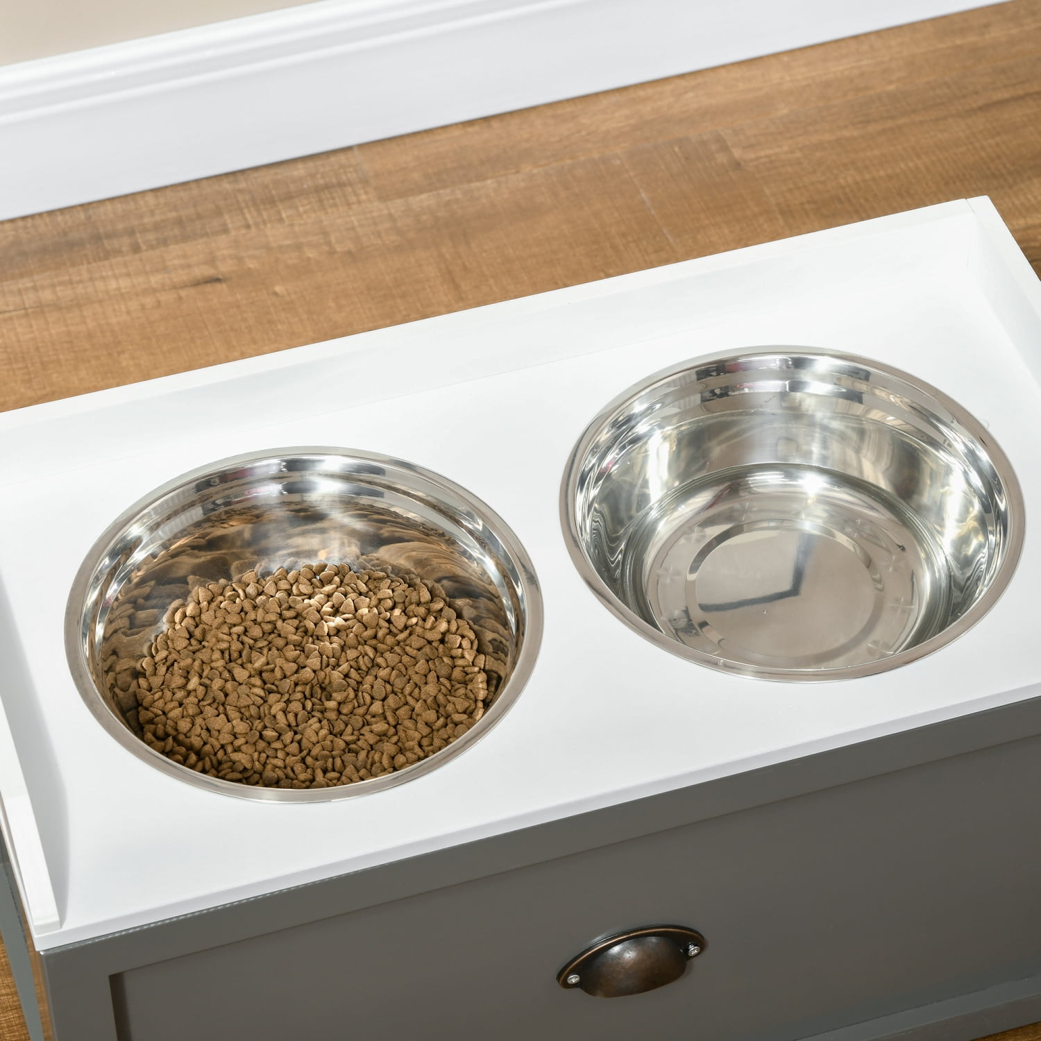 Large Elevated Dog Bowls With Storage, Raised Dog Bowl Stand, Gray
