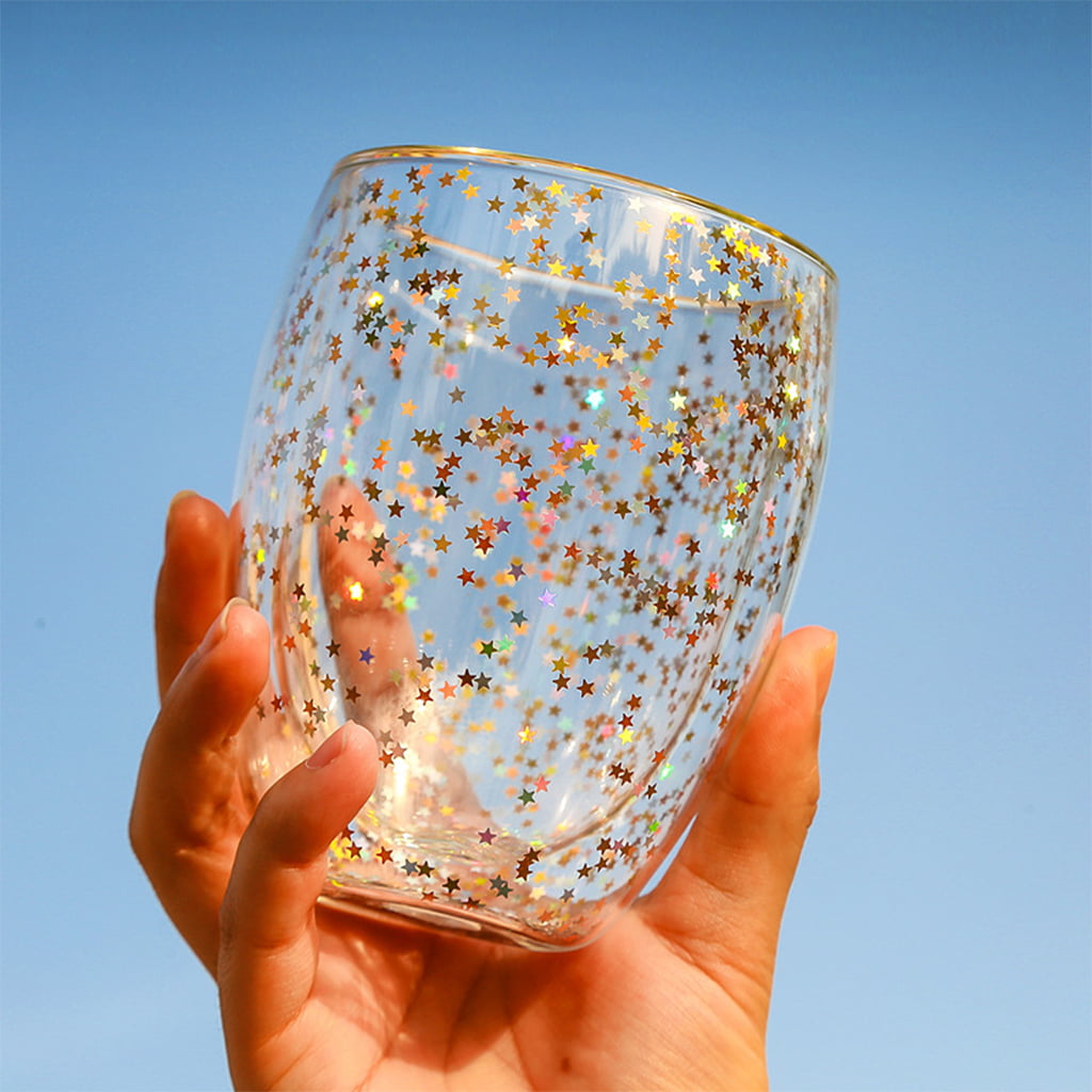 Star Double Wall Glass Coffee Mug with Beautiful Sequins Bubble