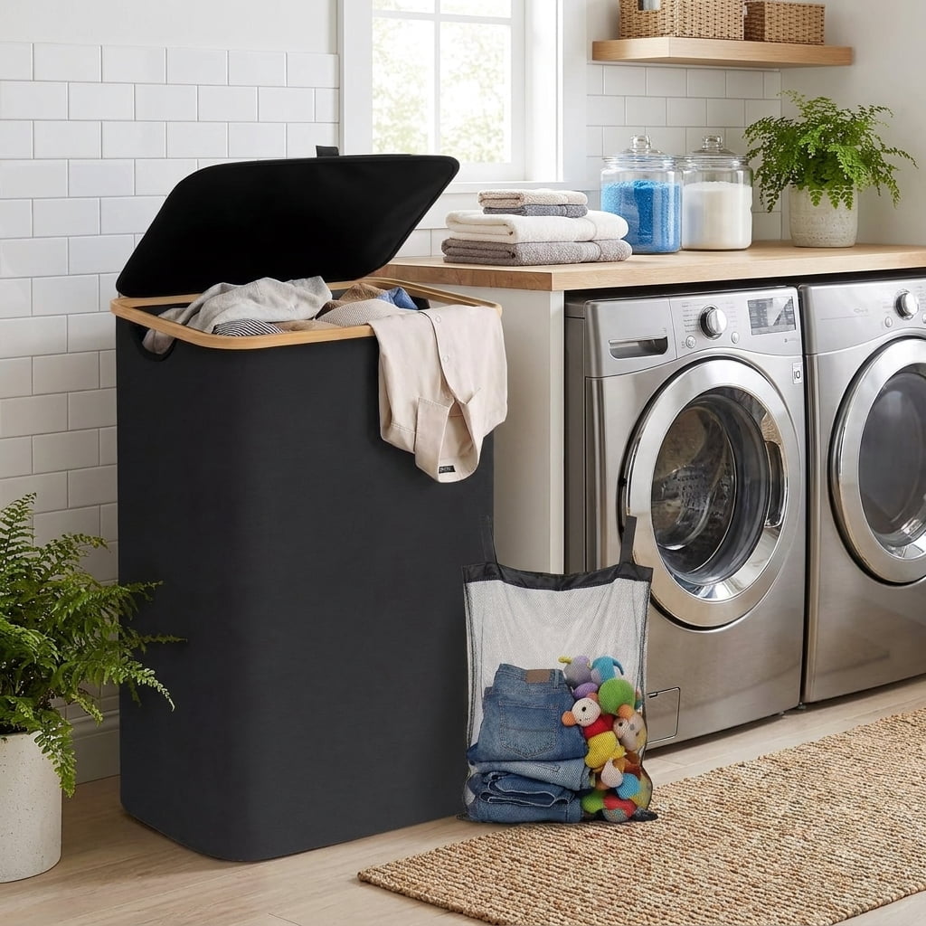 LEDREM Laundry Hamper with Lid 100L, Large Foldable Clothes Basket with Bamboo Handles, Tall Fabric Hamper for Bedroom, Bathroom, Dorm, Ink Black