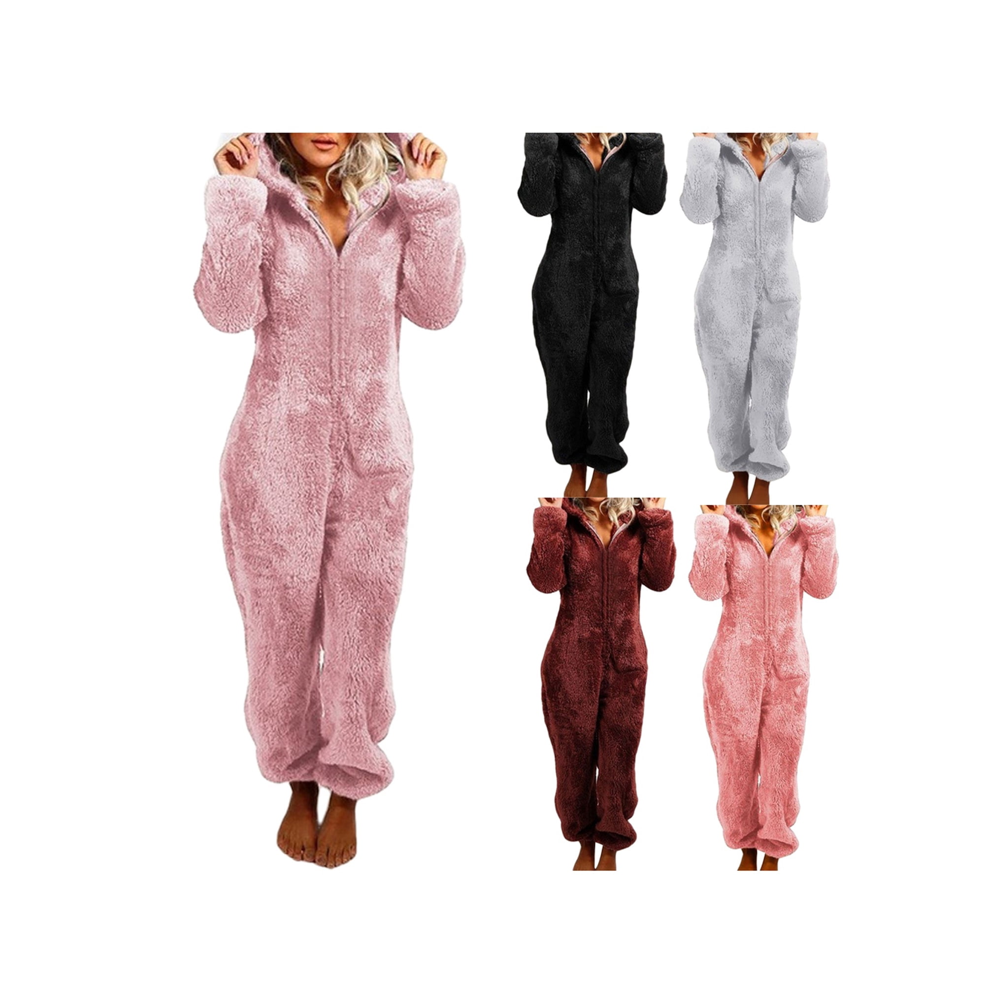 Women Winter Clothing Cute Plush Solid Color Hooded Long Sleeves Zipper One Piece Pajama With Bear Ears For Girls Walmart Canada