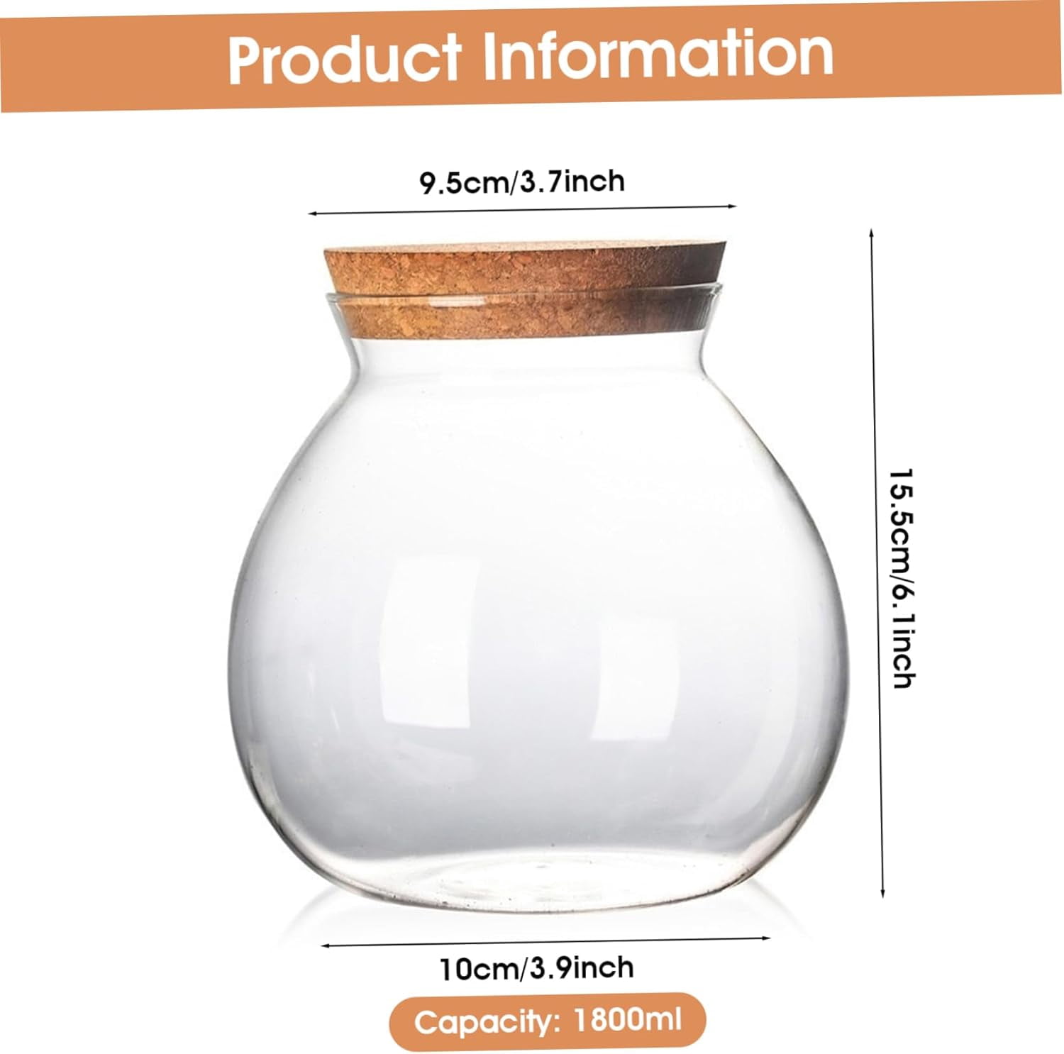 Terrarium Jar - 1800ml Closed Terrarium Container with Cork Lid for Succulents, Air Plants, Moss - High Borosilicate Glass Hydroponic Planter & Decorative Vase Glass Containers