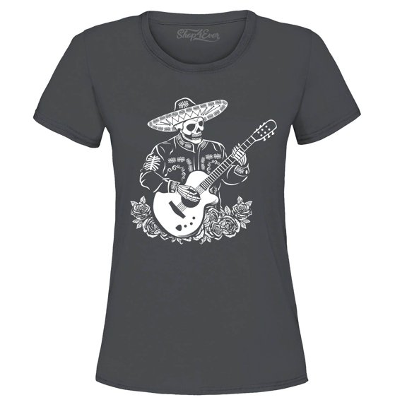 Shop4Ever Women's Mariachi Skeleton Guitar Graphic T-Shirt XXX-Large Charcoal