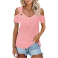 thumbnail image 4 of DeHolifer Women's T-Shirts V-Neck Hollow Out Solid Color Breathable Short Sleeve Casual Loose Blouse T-Shirts Pink S, 4 of 7