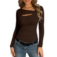 thumbnail image 2 of Endives Womens Long Sleeve Shirt Fashion Cutout Tops Basic Shirt Ribbed Slim Shirts Tee Tshirts Tunic Top Brown, 2 of 4