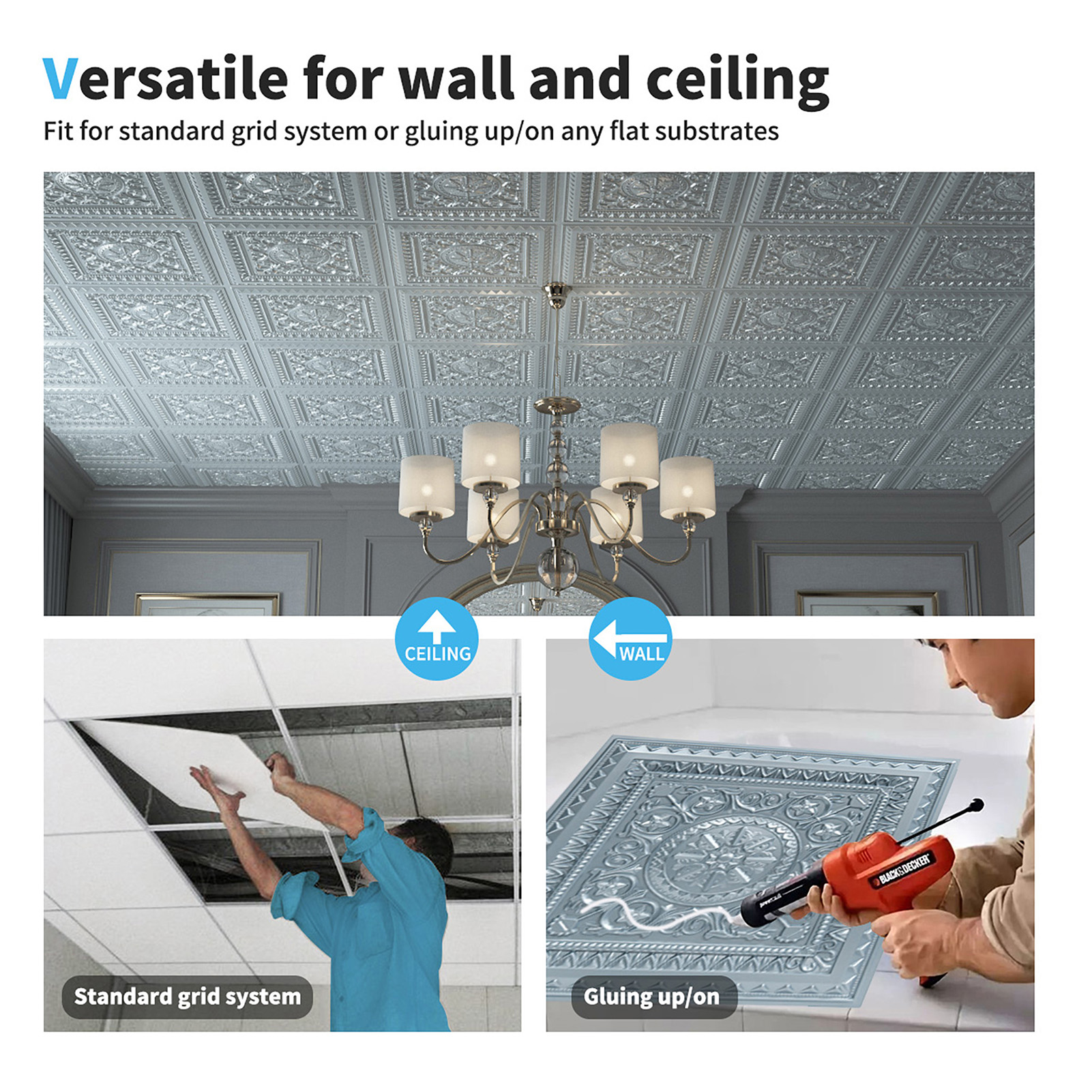 Art3d 12-Pack PVC Drop Ceiling Tiles Glue up Ceiling Tiles,24"x24" Plastic Sheet in Gray 48 Sq.ft