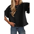 thumbnail image 3 of Women's Knit Crochet Short Sleeve Round Neck Ruffled Hem Pullover Fall Sweater for Casual Summer Black L, 3 of 8