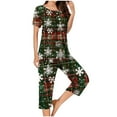 thumbnail image 4 of asdoklhq Womens Flannel Pajamas Sets Women's Fashionable and Casual Loose Christmas Printed Round Neck Short Sleeved Button Top Cropped Pants Pajamas Sleepwear Set Army Green 2X, 4 of 6