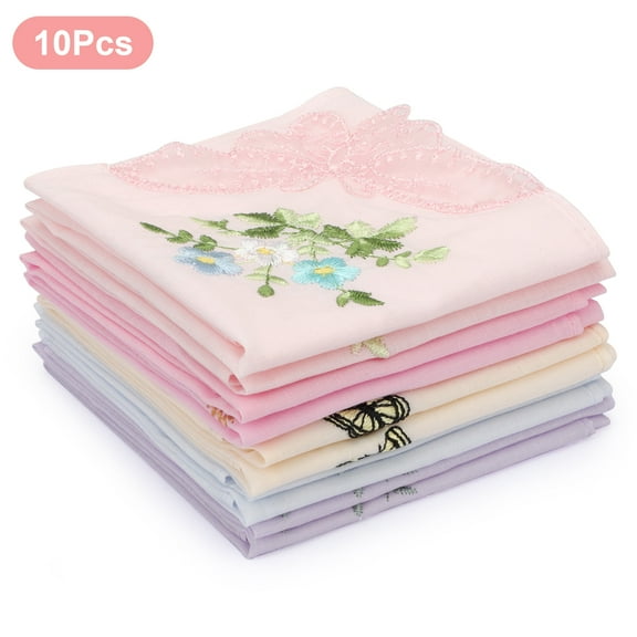 TSV 10pcs Floral Embroidered Handkerchiefs for Women, 11x11" Soft Cotton Hankies