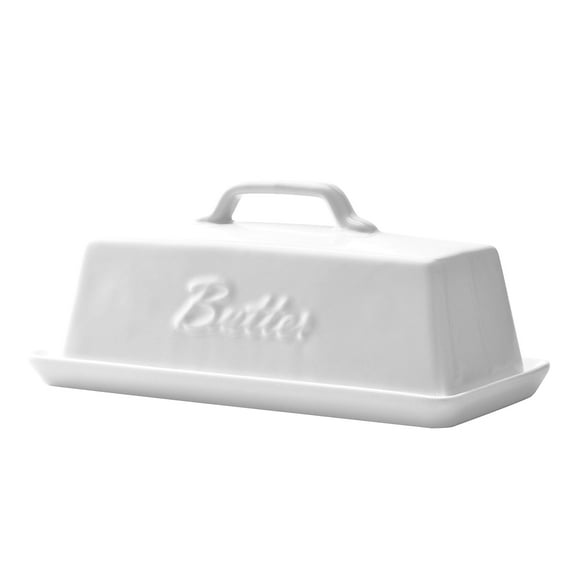 Bruntmor Elegant Porcelain Butter Dish with Lid, Covered Butter Keeper - Handle Design - Dishwasher Safe, 7.5 Inch Wide, White