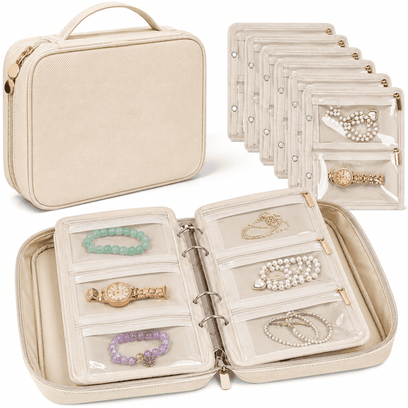 PLERISE Travel Jewelry Organizer Case with 24 Clear Pouches, Portable Velvet Binder for Earrings Rings Necklaces, Beige, 1 Pack