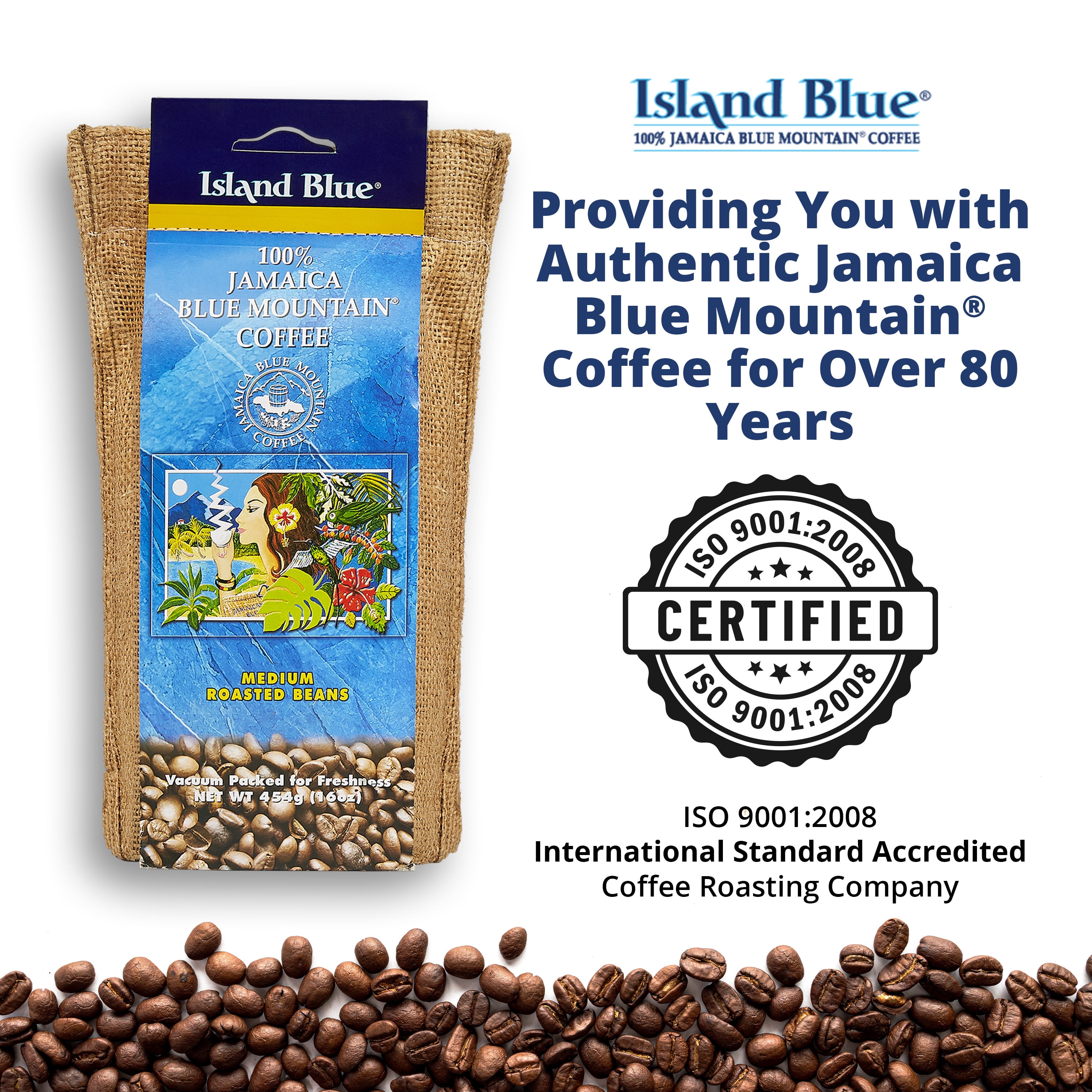 Island Blue Jamaican Blue Mountain Coffee Fresh Roasted Coffee Beans Medium Roast 16oz