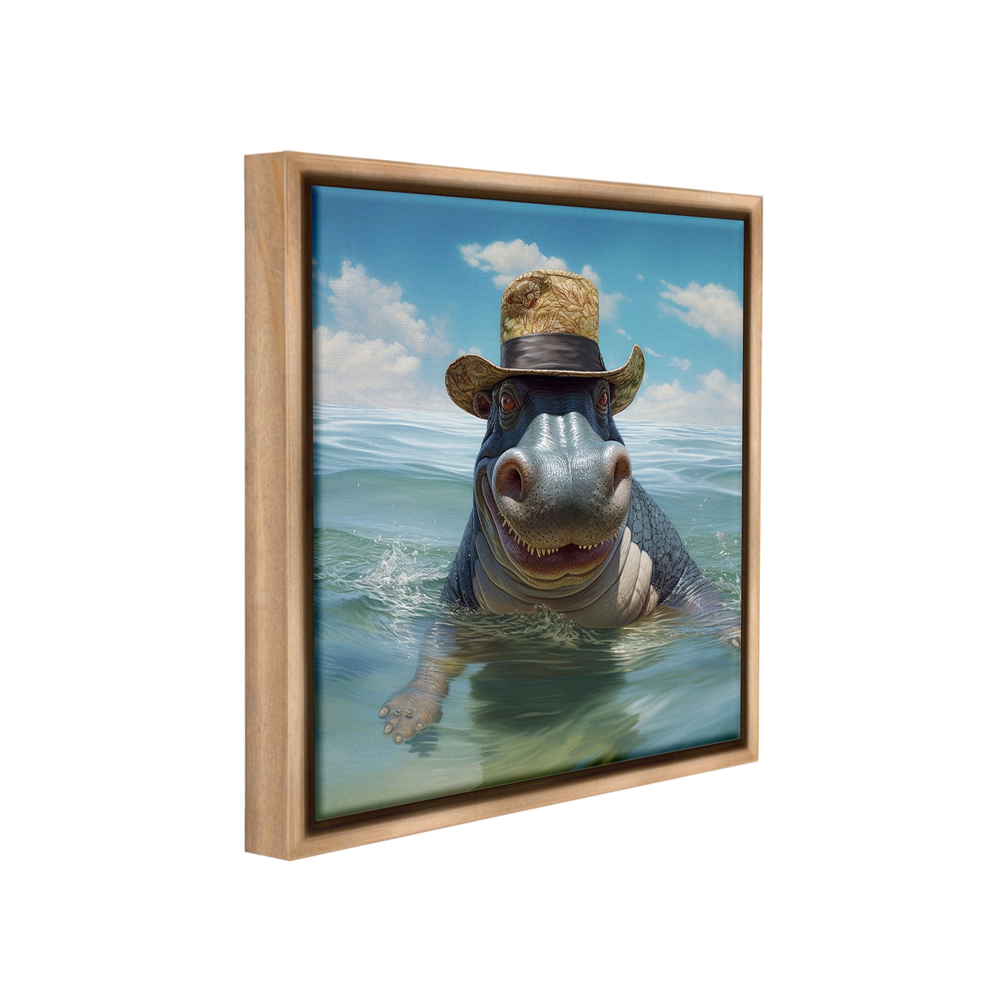 Stupell Industries Hippo with Trendy Hat Animals & Insects Painting Brown Floater Framed Canvas Art Print Wall Art, 18 x 18