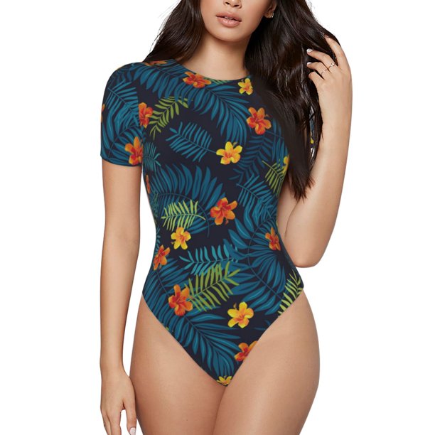 Fotbe Hawaiian Style Body de Mujer con Cuello Redondo y Mangas Cortas, Sin Mangas Ajustado, Suave, Cómodo y Básico-Small