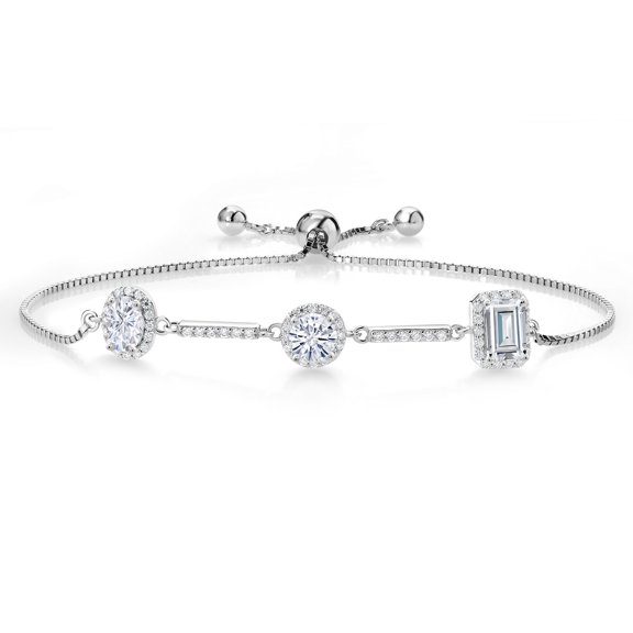 Gem Stone King 925 Sterling Silver Emerald Round and Oval White Moissanite 3 Stone Tennis Bracelet for Women By Keren Hanan | 1.90 Cttw | Fully Adjustable up to 9 inch