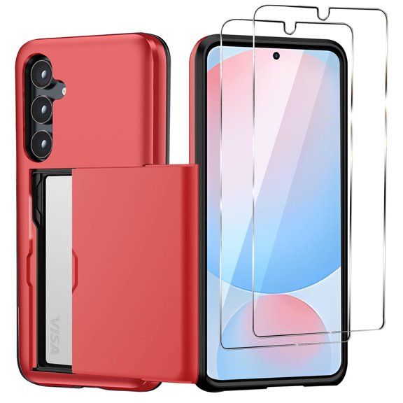 Benbenjaytek for Samsung Galaxy S25 Plus/S25 Wallet Case with Card Holder, 2X Screen Protector Dual Layer Heavy Duty Protective Hidden Card Slot Slim Case for Galaxy S25 Plus 6.7" 2025 (Red)