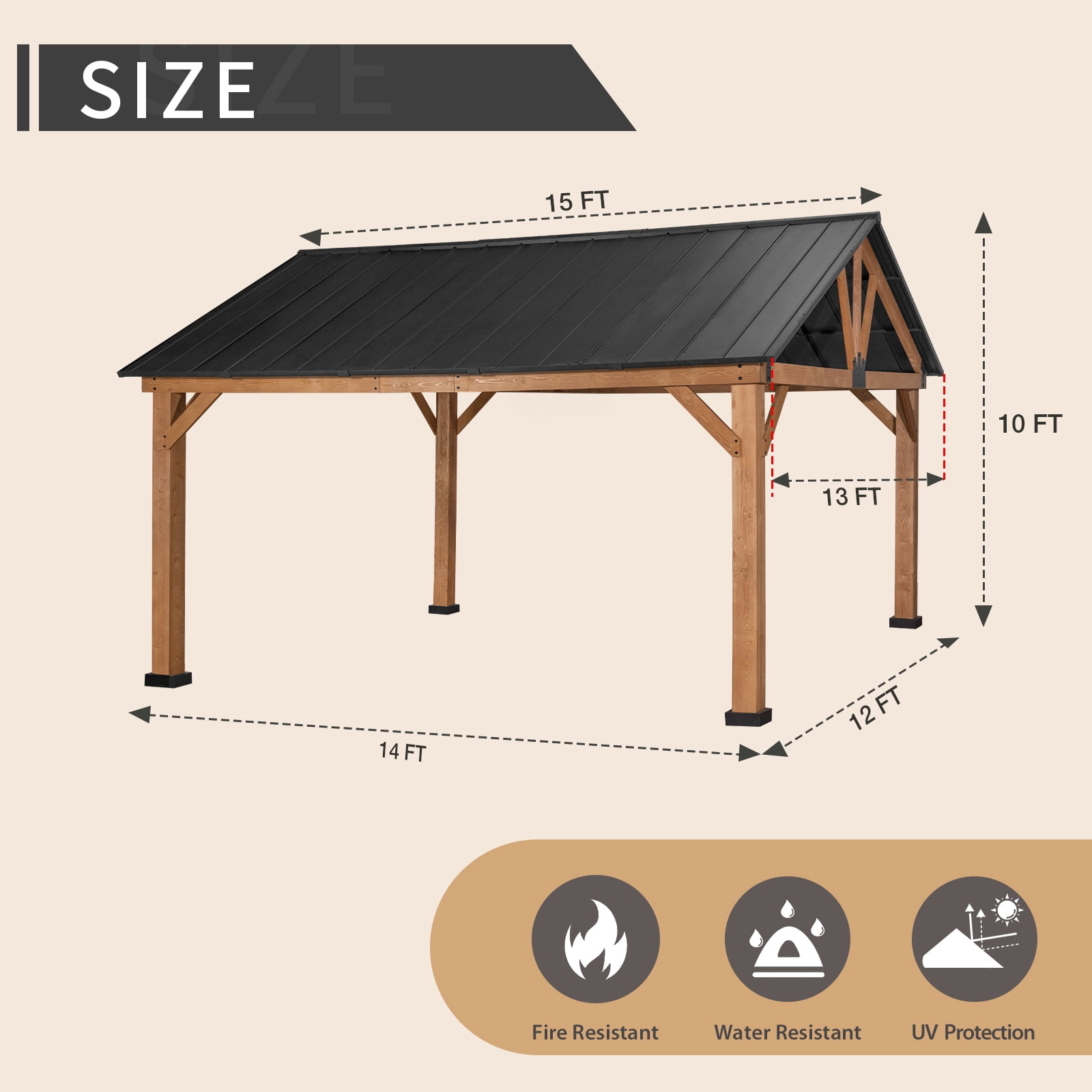 MeetLeisure 15 ft. W x 13 ft. Cedar Solid Wood Patio Gazebo; Gray