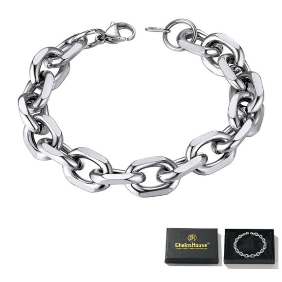 ChainsHouse Silver Men's Bracelets 12mm Chain Bracelet for Men Stainless Steel Jewelry Birthday Christmas Valentines Fayher's Day Gift for Him Boyfriend Husband Son, 7.5/8.3 Inch