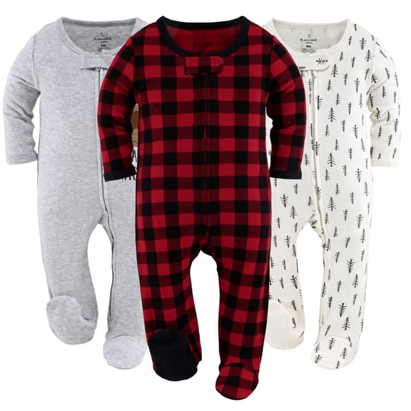 The Peanutshell Sleep n Play Footed Baby Pajamas Sleepwear Set, 0-3 Months, Gray/White/Red, 3-Pack