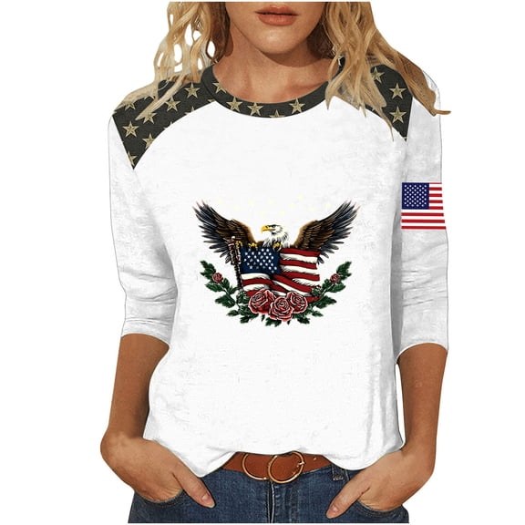 Levmjia Women T-Shirt Patriotic American Flag Eagle Print 3/4 Sleeve Crewneck Casual Loose Fit Summer Top for Independence Day