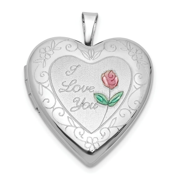Sterling Silver Heart Locket Pendant for Women with Floral Engraving, Pink Rose, I Love You Inscription, Romantic Keepsake Necklace for Anniversary or Sentimental Jewelry