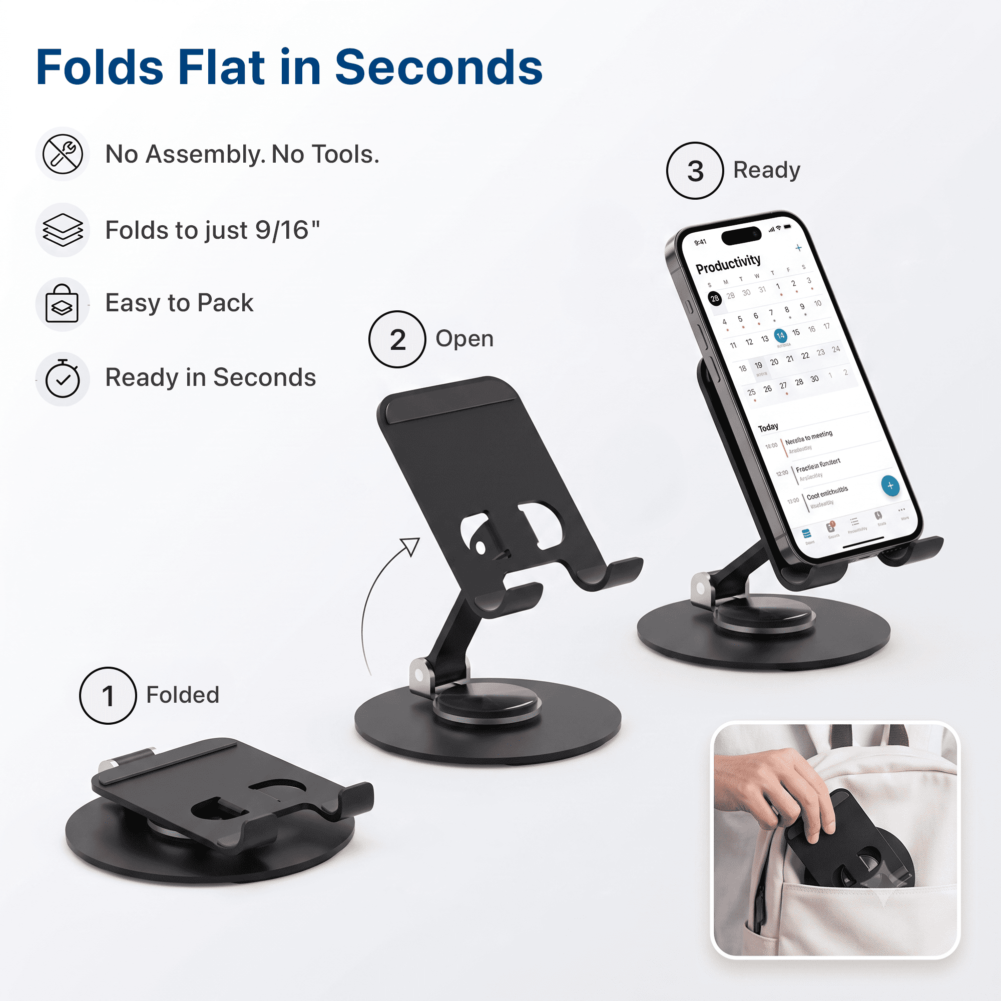 Uncaged Ergonomics 360° Swivel Phone Stand for Desk, All-Metal Height Adjustable, 180° Tilt Foldable Holder for Phones and Small Tablets, Black
