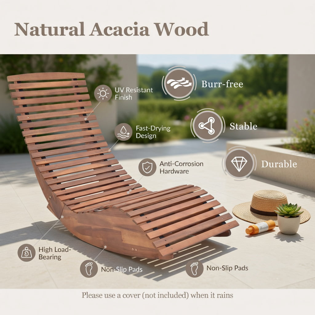 Hommoo Outdoor Acacia Wood Rocking Chair, High-Back, Wide Slatted Seat, Perfect for Patio, Porch & Garden, Natural