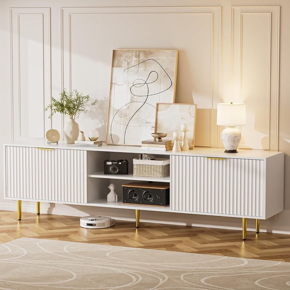 58'' Fluted TV Stand, Mid-Century Modern TV Console for 65/70/75 Inch TV, Wood Entertainment Center with Storage, Sliding Doors, Adjustable Shelves and Media Console for Living Room, Bedroom, Natural