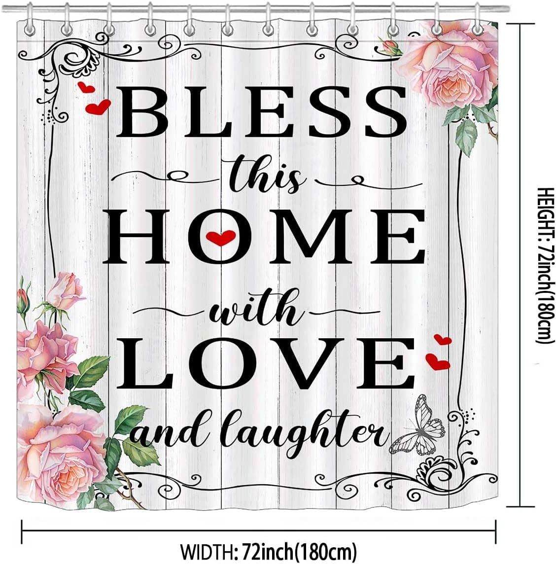 Pink Rose Shower Curtain, Inspirational Quotes Butterfly Spring Flower Rustic Farmhouse Romantic Valentine''s Day Bathroom Decor, Waterproof Polyester White Fabric Shower Curtain, 72 X 72 Inch