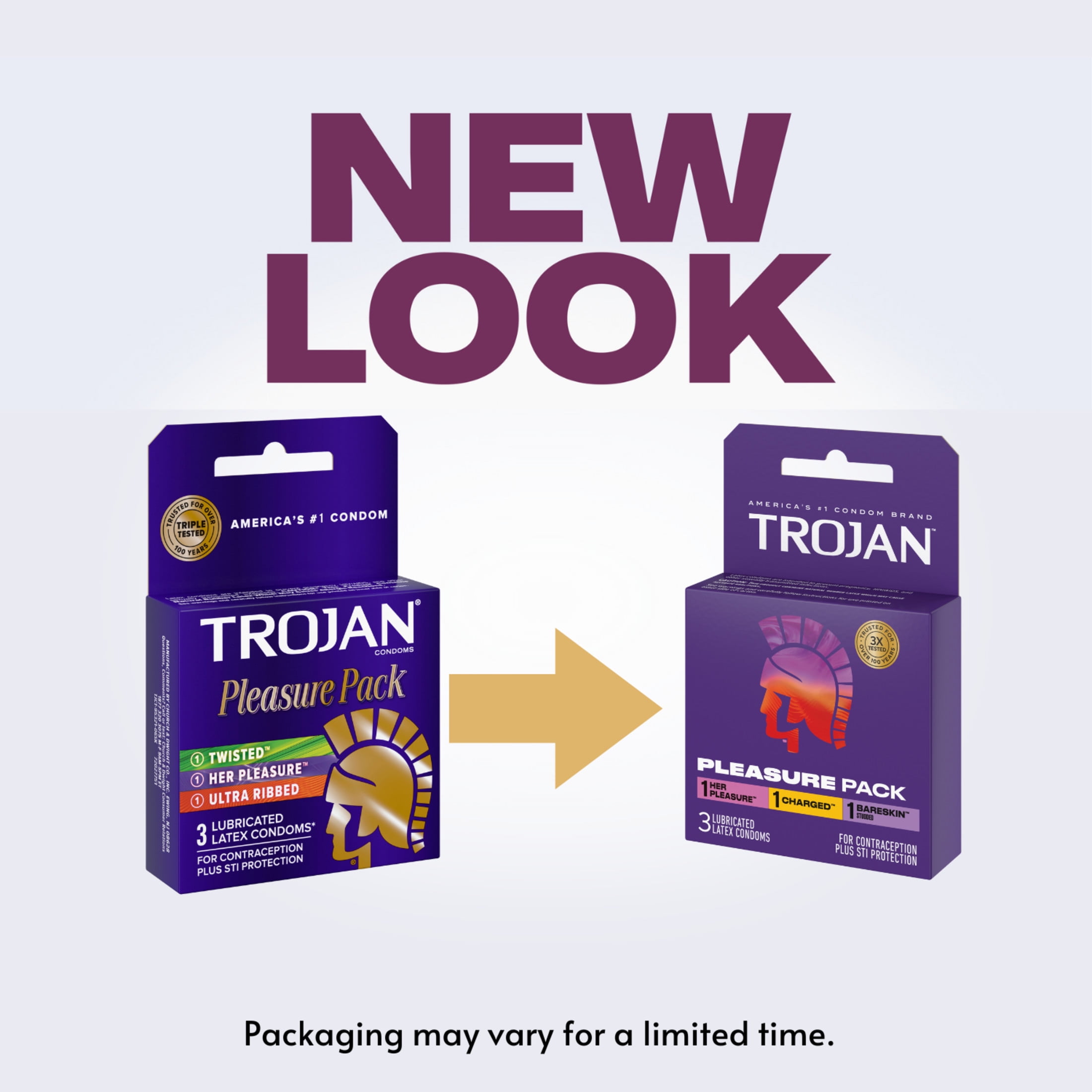 Trojan Pleasure Pack, Assorted Latex Lubricated Condoms for Men, Her Pleasure, Bareskin Studded, Ecstasy & Charged Varieties, 3 Count