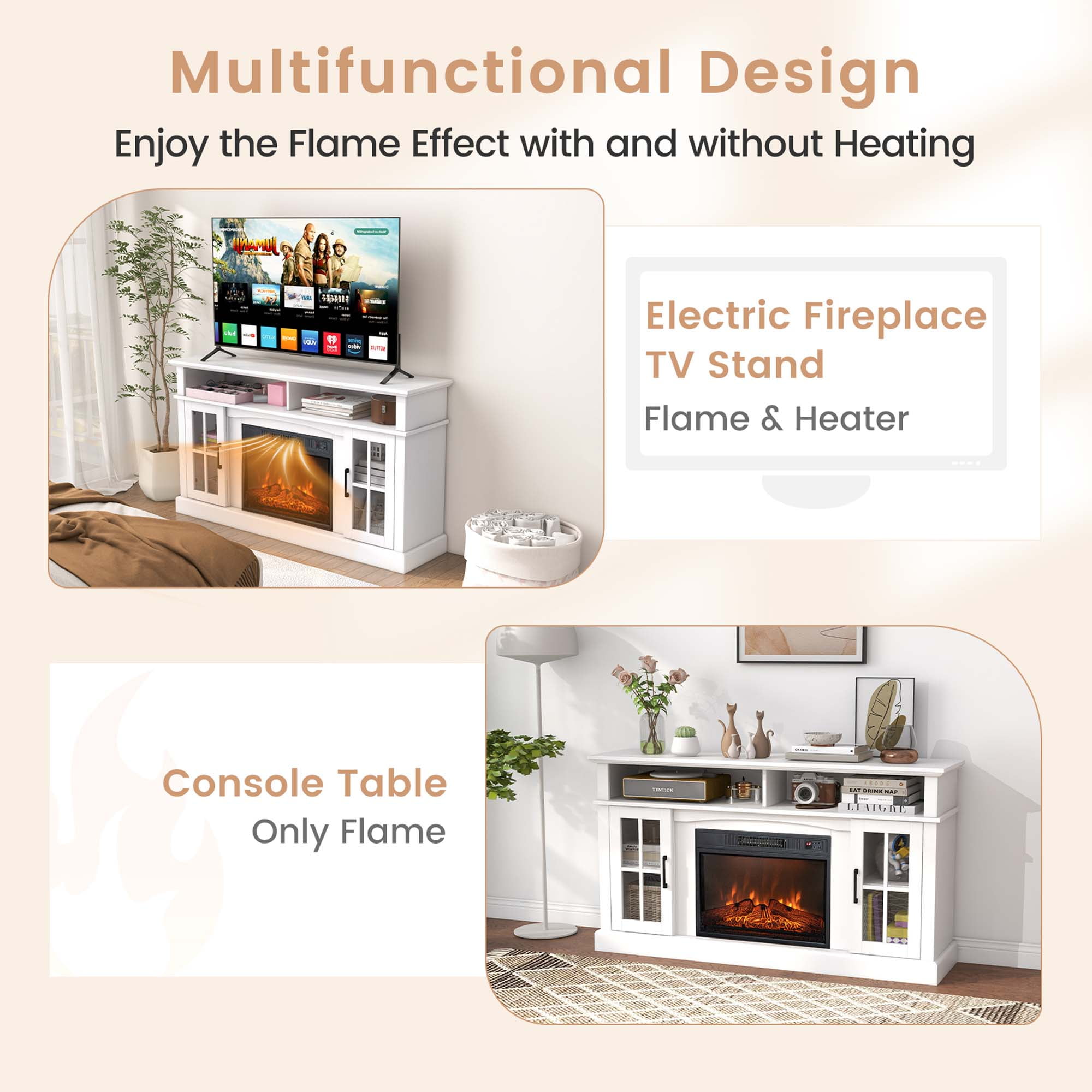 Costway 58" Fireplace TV Stand with 1400W Electric Fireplace for TVs up to 65 Inches White