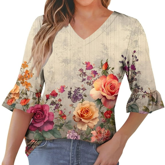 SHE IS Womens 3/4 Sleeve Tops, Floral Shirts for Women Cotton Business Casual Tops for Women Petite Yellow Long Sleeve Blouse Women Tunics for Women 2025 Plus Size 3x