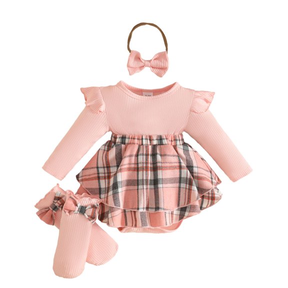 Ulitacool Girl Outfits Long Sleeve Cartoon Graphic O Neck Bodysuits Dress With Headbands Leisure Toddler Wear 12-18 Months Pink