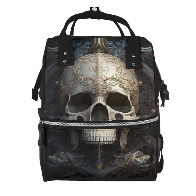 Fotbe Gold Pattern Skull Mochila Maternidad - Lona de Sarga Impermeable, Mochila de Pañales de Gran Capacidad con Múltiples Bolsillos y Correas Ajustables