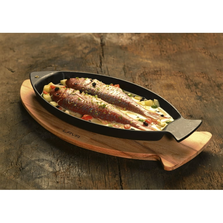 LAVA CAST IRON Lava Enameled Cast Iron Skillet 13 inch-Fish Shaped Plate  Pan with Beechwood Service Platter