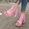thumbnail image 3 of Rokment Mesh Dressy Boots Platform High Heels Sandals for Women Ladies Sexy See Through Peep Toe Chunky Block Heeled Dress Shoes Spring Summer Fall Pink Size 7, 3 of 7