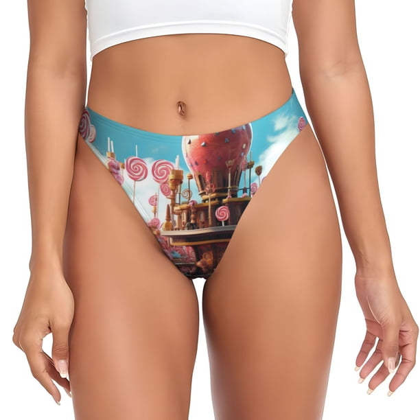 Balery fairy-tale-world-with-delicious-candy Tangas de Algodón para Mujer con Estampado – Ropa Interior Sexy, Transpirable, G-string-Small