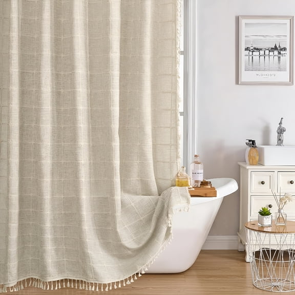 AUQ Boho Farmhouse Shower Curtain,Boho Shower Curtain Linen Rustic Shower Curtain with Tassel,Water Repellent Modern Bohemian Bathroom Shower Curtains Set with 12 Hooks,Beige,72 X 72