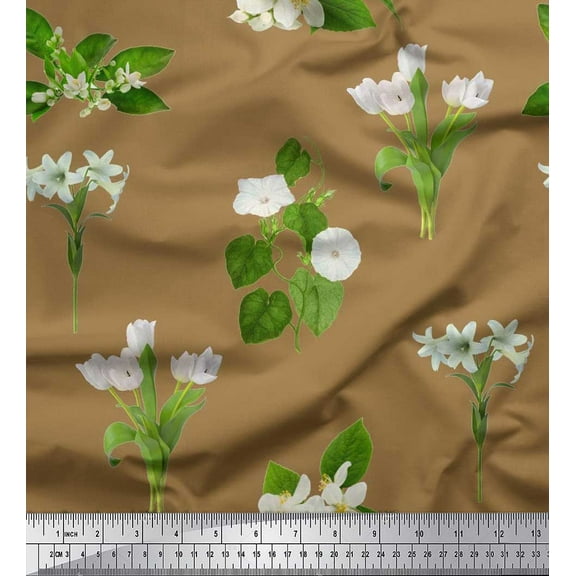 Soimoi Brown Cotton Duck Fabric Leaves & White Floral Fabric Prints by Yard 42 Inch Wide