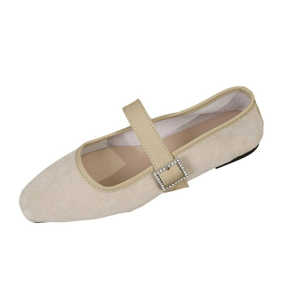 Beige Womens Casual Slip On Flats Mary Jane Style With Rhinestone Buckle Round Toe Soft Fabric for Daily Wear Size 5.5