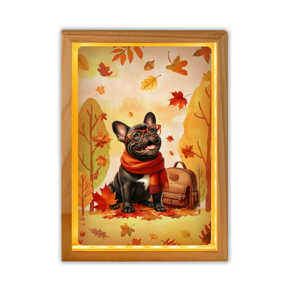 Welcome Fall French Bulldog Enjoys School Time Autumn Fall Leaves Acrylic Plaque with Wood Photo Frame Box Dog Lover Gifts Light Box - 02013