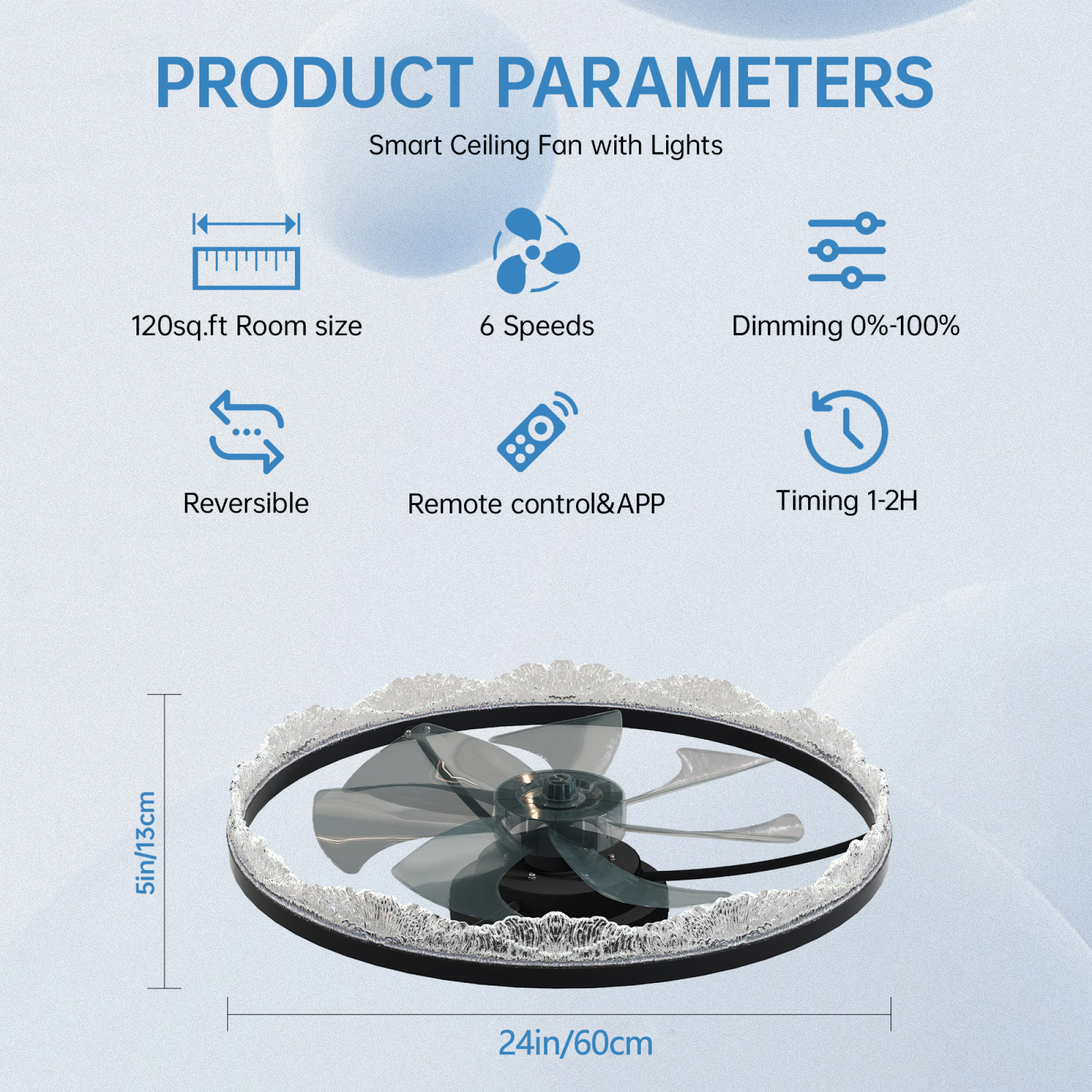 Leumius 24" Decorative LED Ceiling Fan Light, Modern Flush Mount with Acrylic Ring, Hidden Blades, Remote Control and Dimmable Light for Bedroom, Kids Room, Study Room (Black)