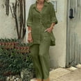 thumbnail image 2 of YUGYXL Women's 2 Piece Set Summer Linen Vacation Outfits Fashion Button Lapel Half Sleeve Shirts and Wide Leg Pants Casual Loungewear Outfits Gift for Girlfrind Army Green,S, 2 of 8