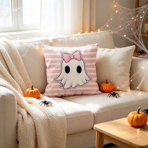 Pink Halloween Pillow Cover, Ghost Pumpkin Decorative Throw Pillowcase, Cute Spooky Fall Home Decor Cushion Cover for Sofa Couch Bed
