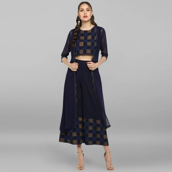 Janasya Indian Round Neck 3/4 Sleeve Gold Print Navy Blue Poly Crepe Top With Palazzo And Jacket For Women