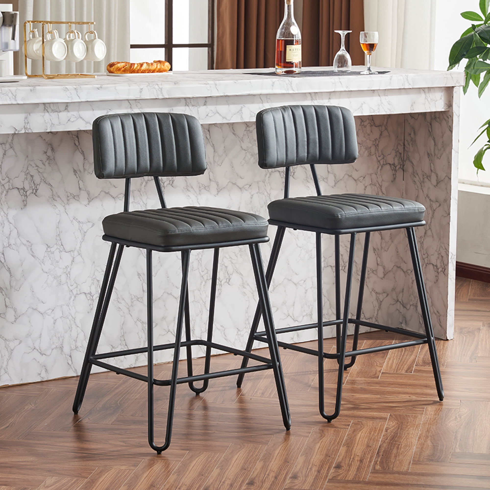 Industrial Vintage Bar Stools Set of 2 Counter Height with Grey PU Leather and Black Metal Frame Angled Backrest for Kitchen Dining