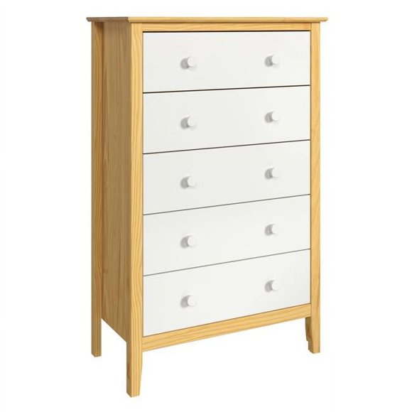 Commode à 5 Tiroirs en Bois Massif avec devant Naturel et Blanc, Boutons Blancs et Naturels