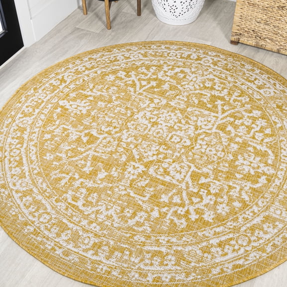 JONATHAN Y SANTA MONICA 5' Round Area Rug, Malta Bohemian Medallion Textured Weave - Yellow/Cream, SMB104G-5R