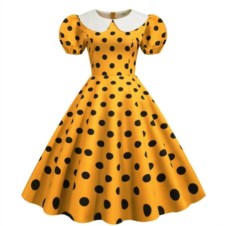 GZWYHT Dresses for Women 2025 Prom Dresses Party Casual Dots Print Short Sleeve 1950s Housewife Evening Party Prom Dress Dresses Formal Dresses Midi Dresses Yellow Dress Graduation Dress M