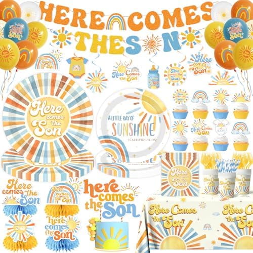 Here Comes The Son Baby Shower Tableware Decor for Boys,Boho Rainbow Sun Themed Party Decorations Disposable Banner,Tablecloth,Plates,Napkin,Balloon,Cupcake Topper,Serve 24$$