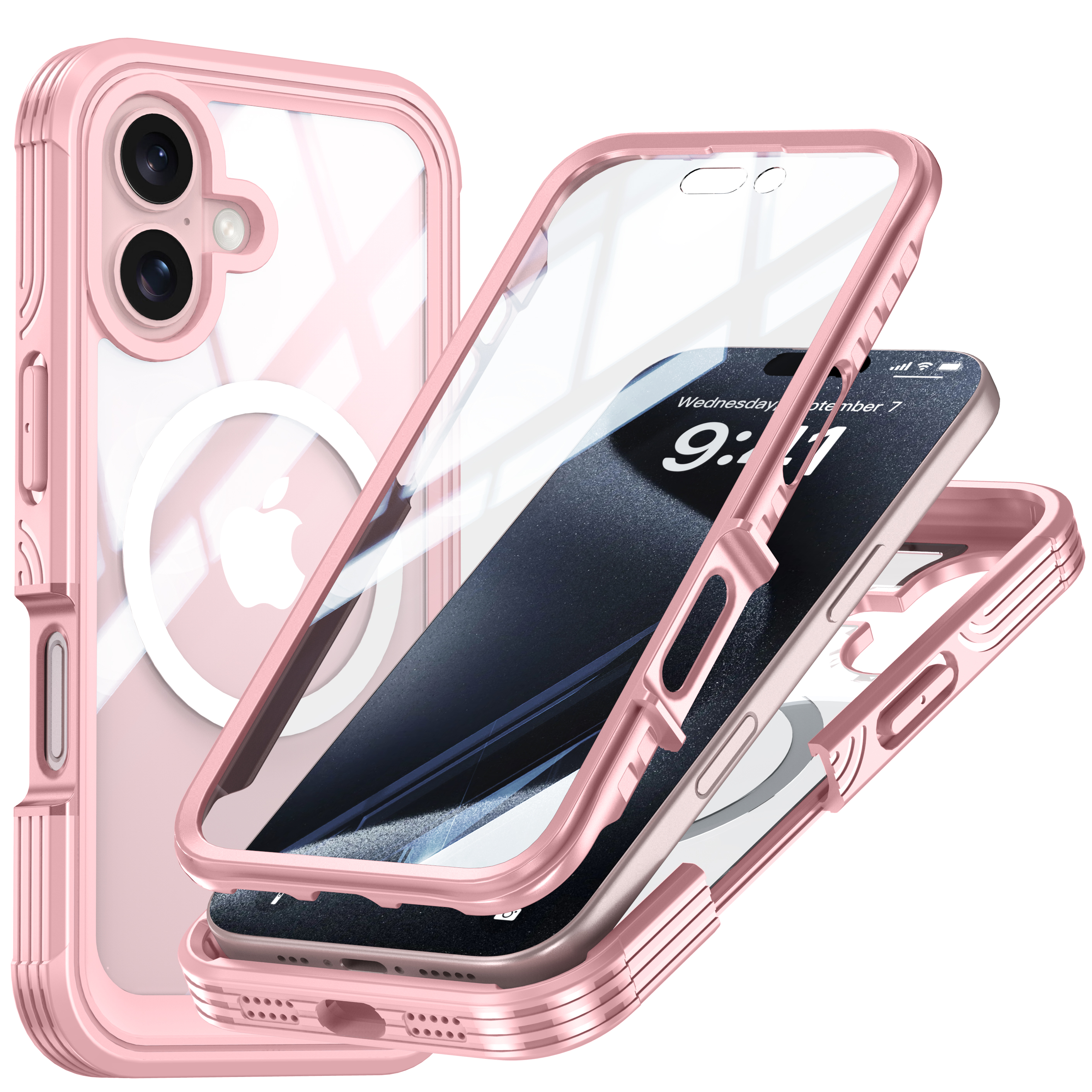 Feishell iPhone 16 Case with Built-in Screen Protector, Pink photo 1
